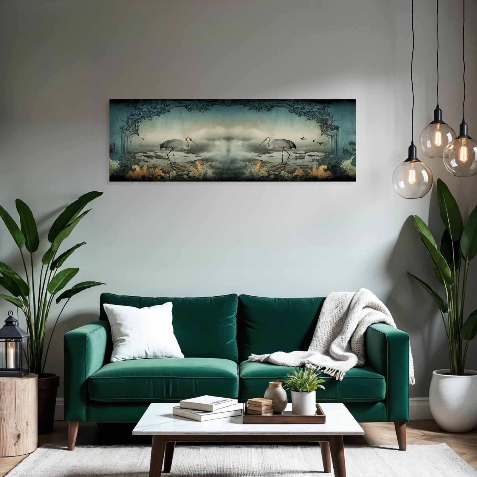Kraniche Im Nebelhafte Landschaft