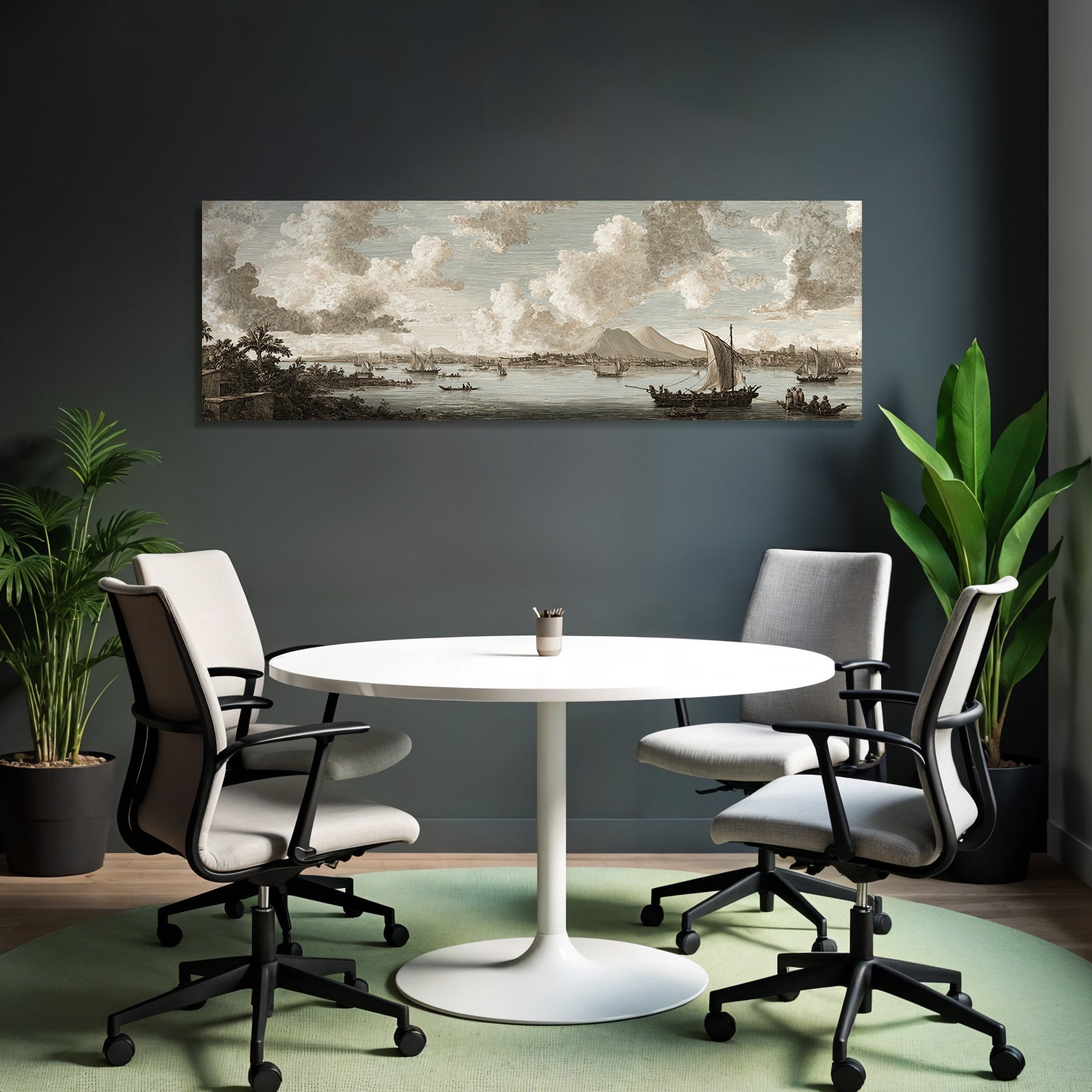 Kuestenlandschaft Mit Schiffen Und Bergen Unter Dramatischem Himmel