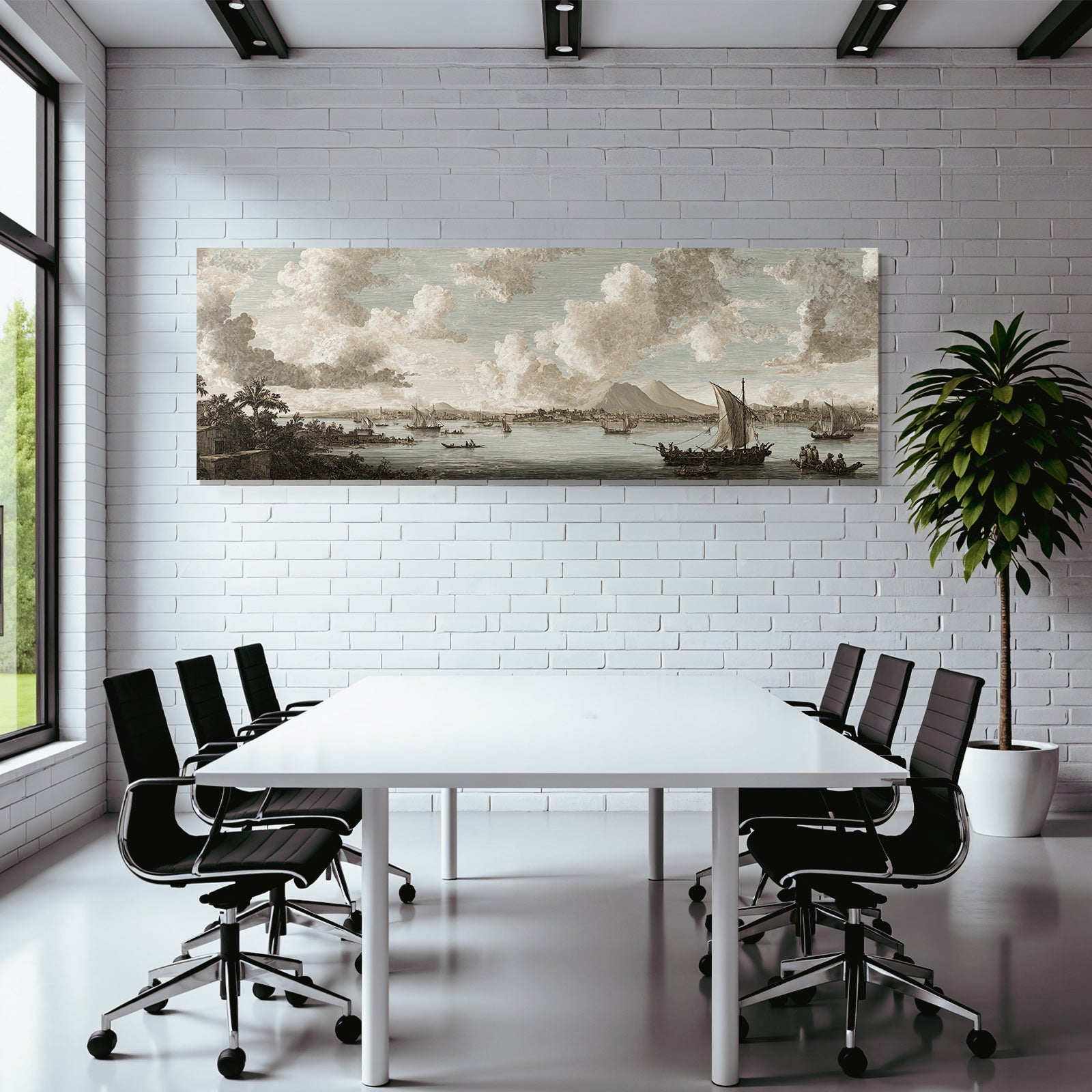 Kuestenlandschaft Mit Schiffen Und Bergen Unter Dramatischem Himmel