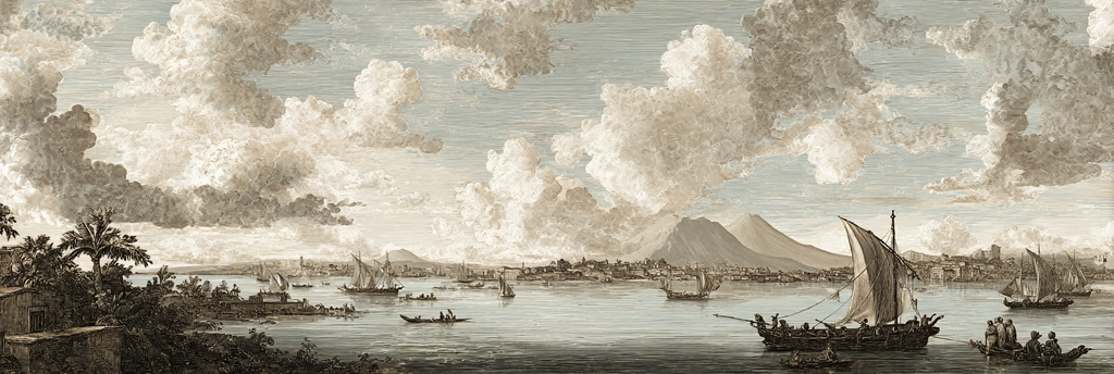 Kuestenlandschaft Mit Schiffen Und Bergen Unter Dramatischem Himmel | Klassisch | Einrichtungsstile