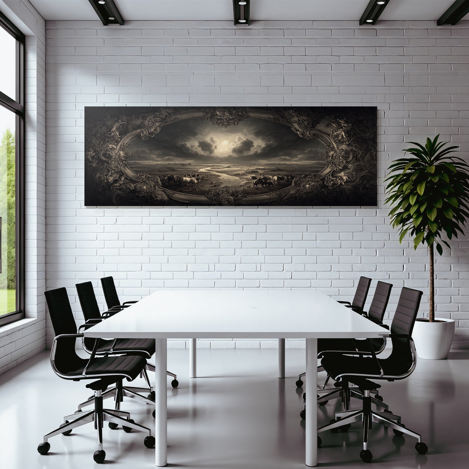 Landschaftsszene Mit Fluss Und Rindern Kunstwerk