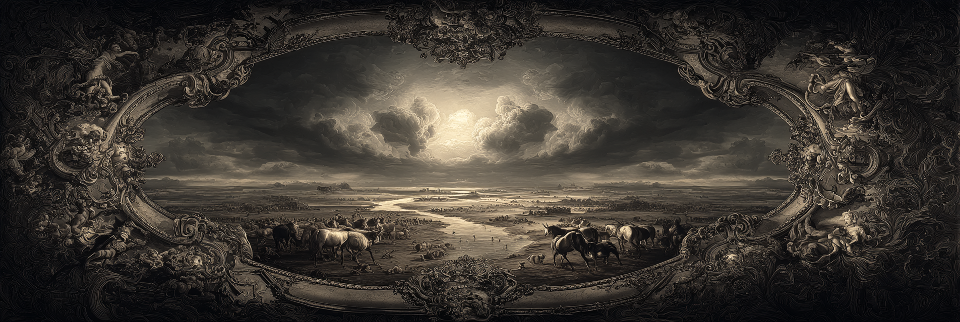 Landschaftsszene Mit Fluss Und Rindern Kunstwerk | Klassisch | Einrichtungsstile