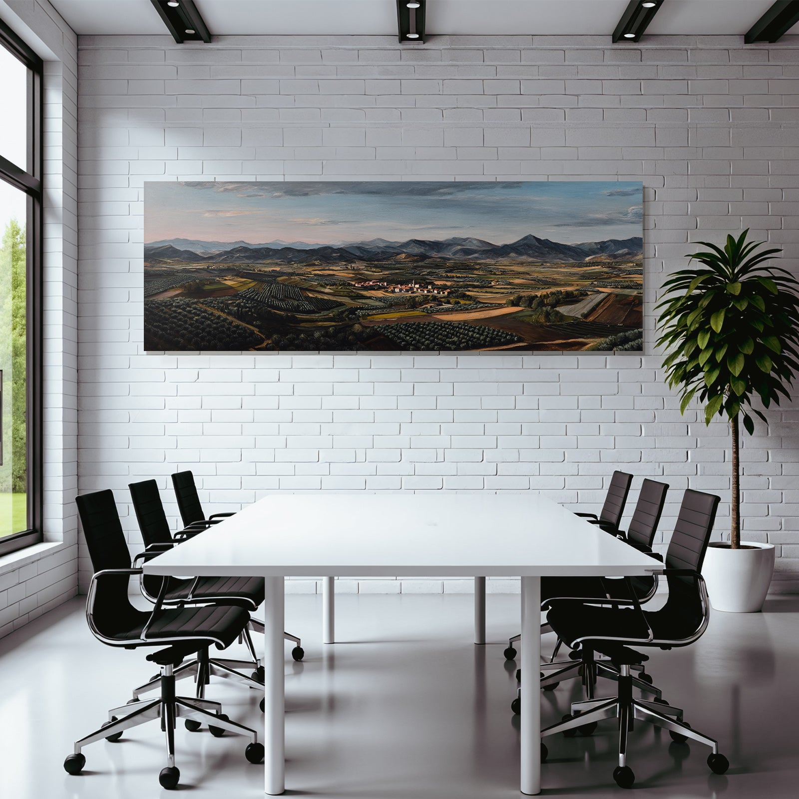 Malerei Der Idyllischen Landlandschaft Mit Bergen Und Dorf