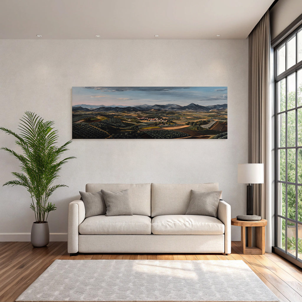 Malerei Der Idyllischen Landlandschaft Mit Bergen Und Dorf