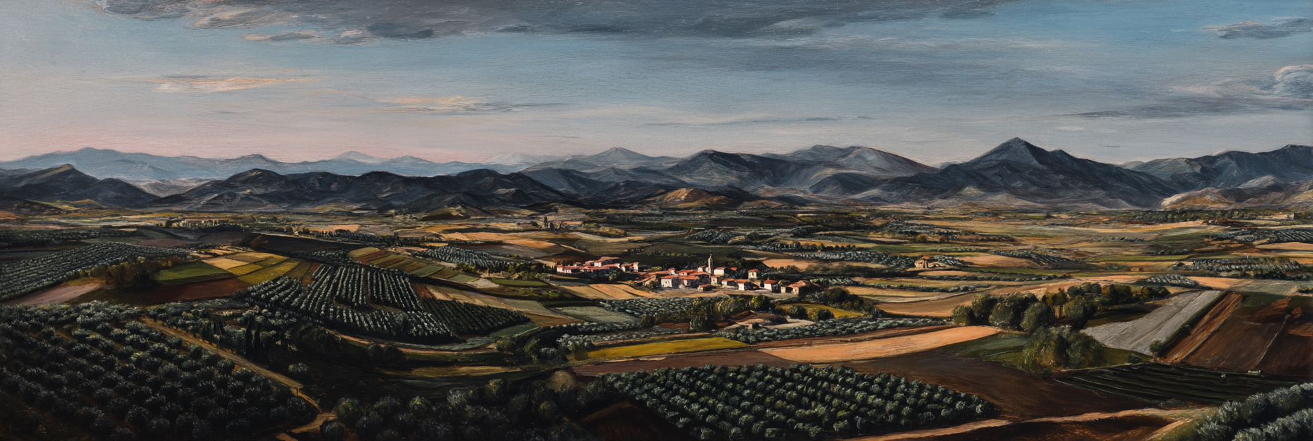 Malerei Der Idyllischen Landlandschaft Mit Bergen Und Dorf | Klassisch | Einrichtungsstile