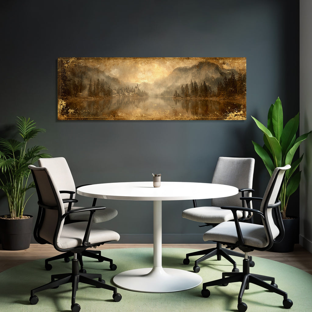 Malerische Landschaft Mit See Und Bergen Gebaeude Im Vintage Stil