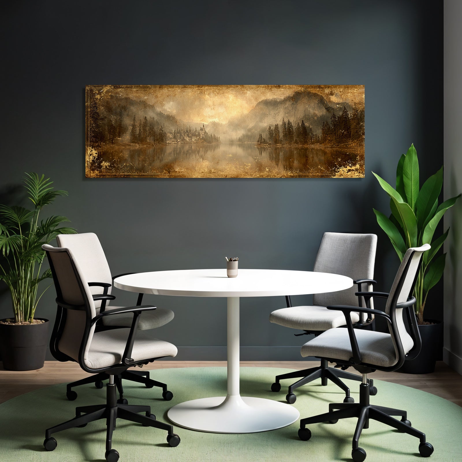 Malerische Landschaft Mit See Und Bergen Gebaeude Im Vintage Stil