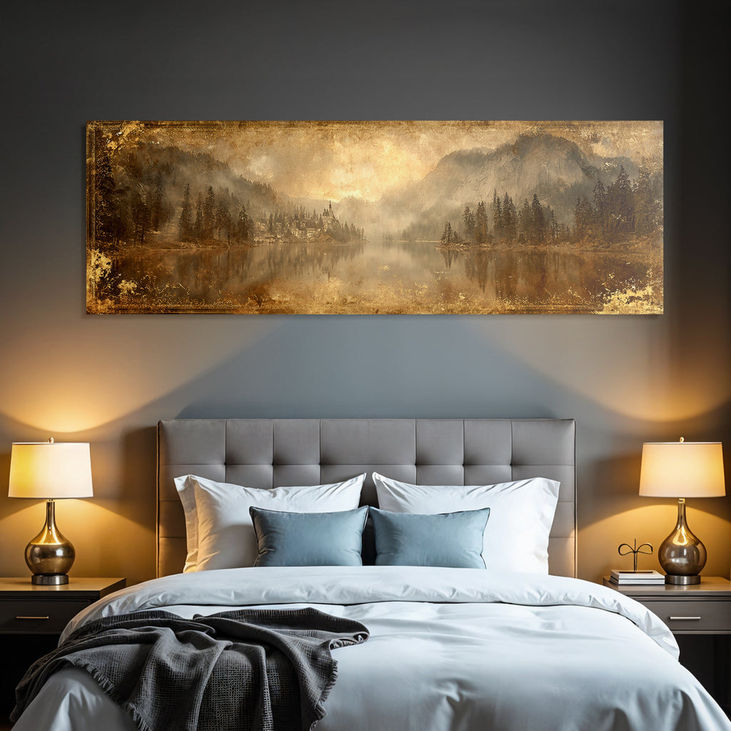 Malerische Landschaft Mit See Und Bergen Gebaeude Im Vintage Stil