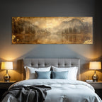 Malerische Landschaft Mit See Und Bergen Gebaeude Im Vintage Stil