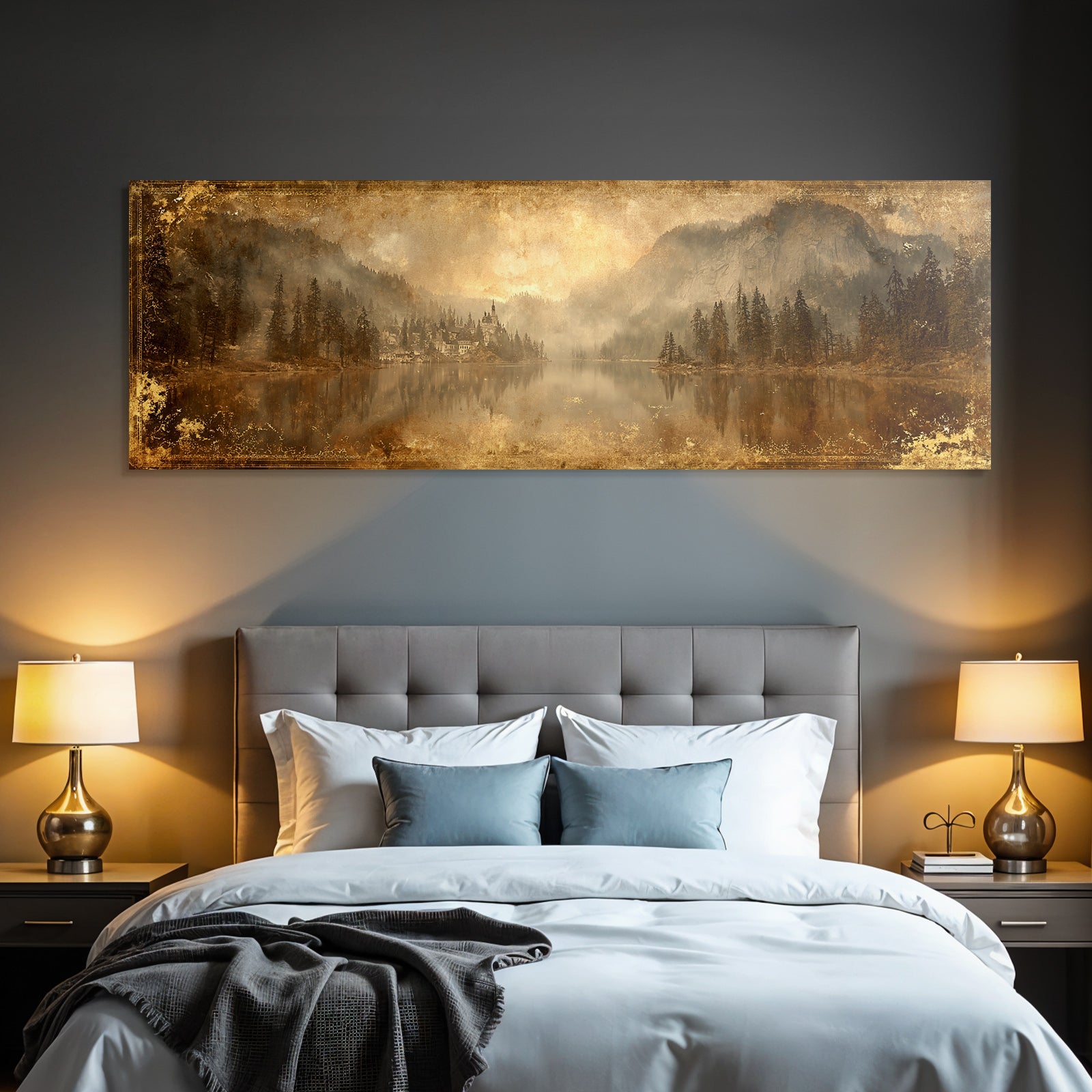Malerische Landschaft Mit See Und Bergen Gebaeude Im Vintage Stil
