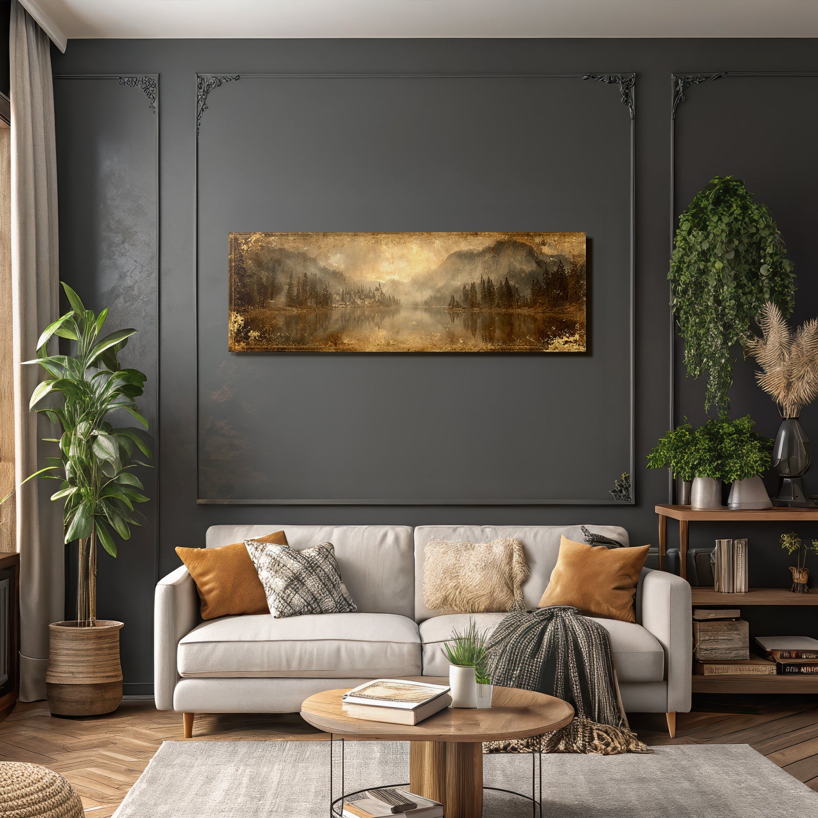 Malerische Landschaft Mit See Und Bergen Gebaeude Im Vintage Stil
