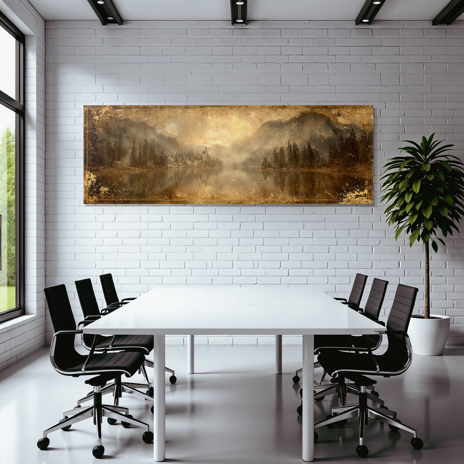 Malerische Landschaft Mit See Und Bergen Gebaeude Im Vintage Stil
