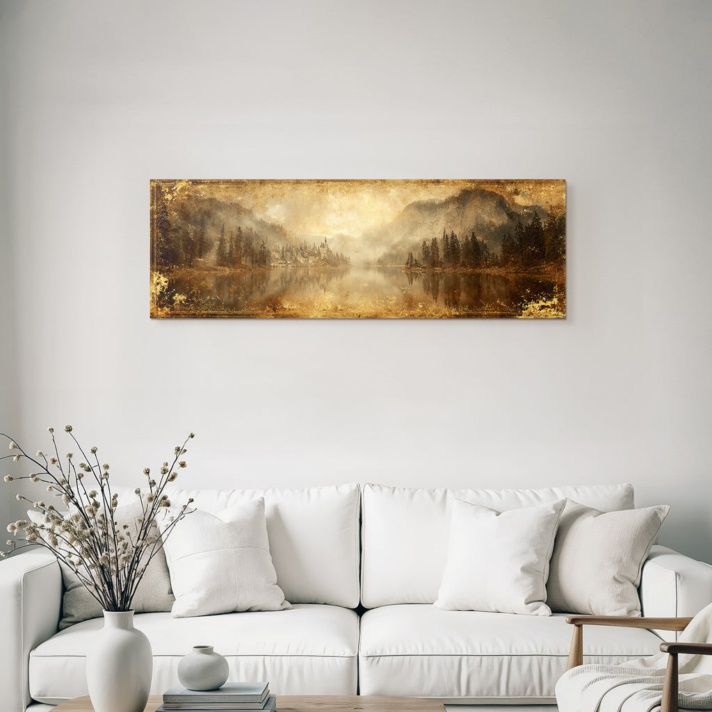 Malerische Landschaft Mit See Und Bergen Gebaeude Im Vintage Stil