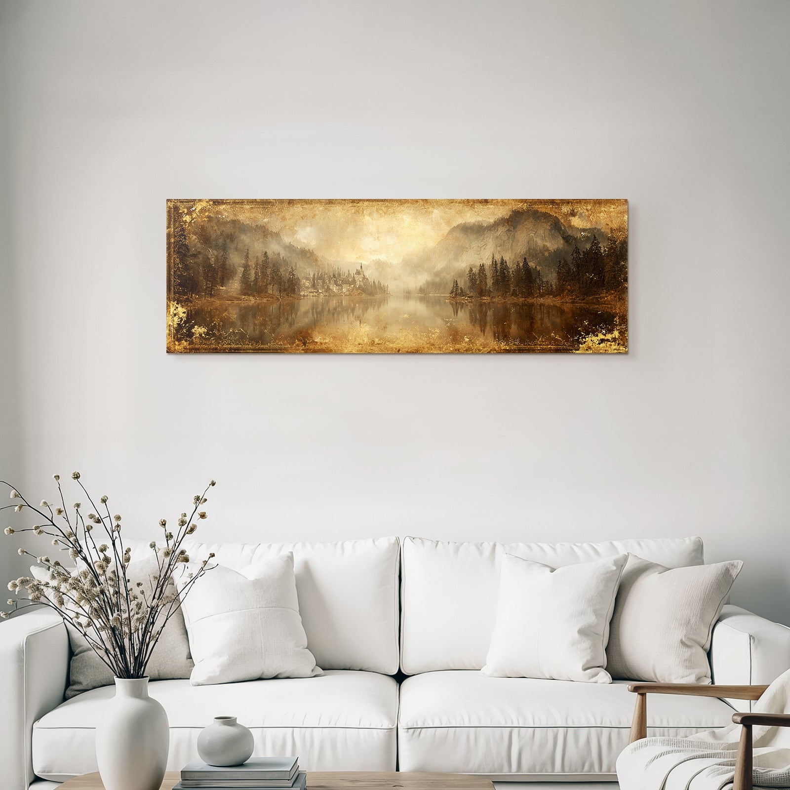 Malerische Landschaft Mit See Und Bergen Gebaeude Im Vintage Stil