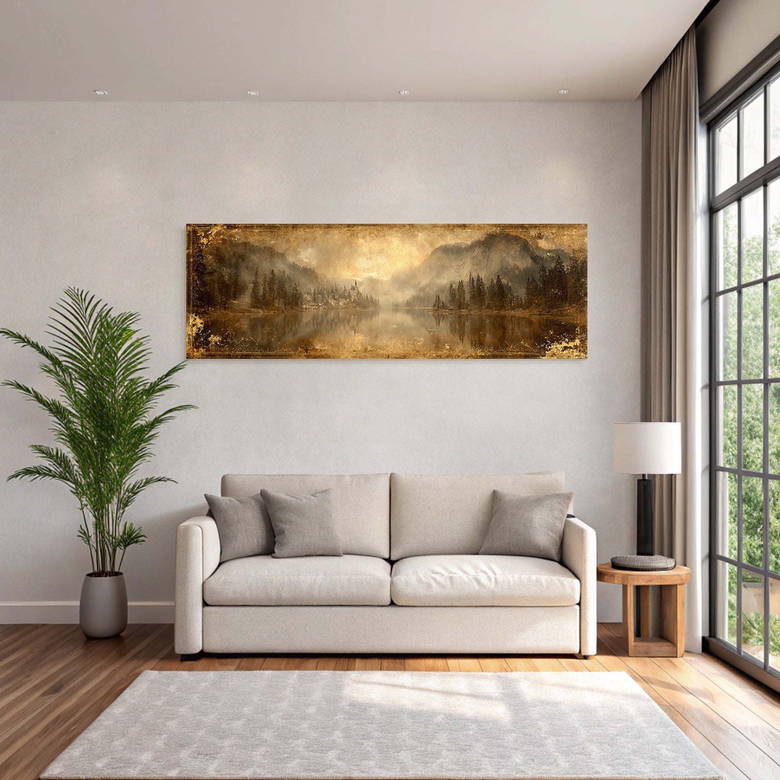 Malerische Landschaft Mit See Und Bergen Gebaeude Im Vintage Stil