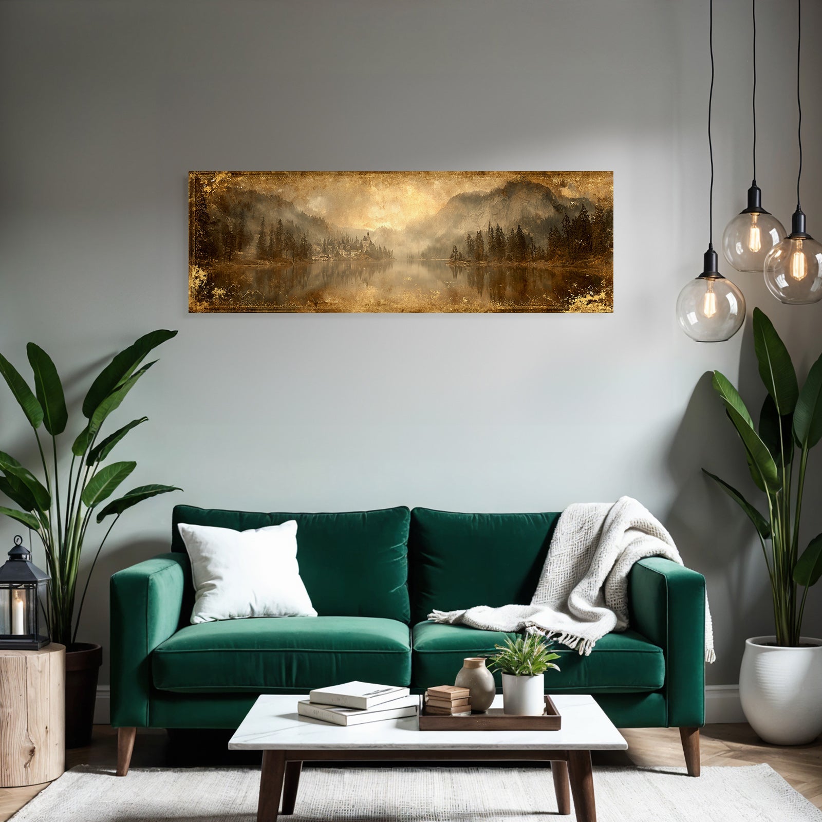 Malerische Landschaft Mit See Und Bergen Gebaeude Im Vintage Stil