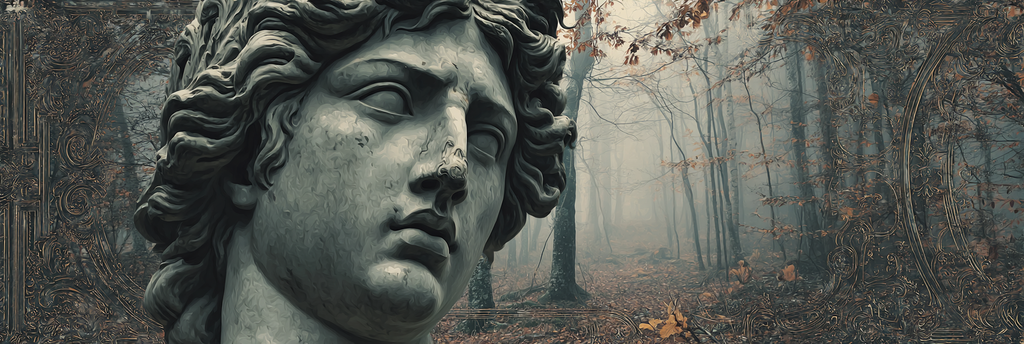 Marmor Sculptur Des Gesichts Im Nebelwald Mit Herbstlaub | Klassisch | Einrichtungsstile