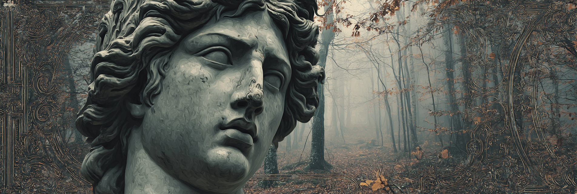 Marmor Sculptur Des Gesichts Im Nebelwald Mit Herbstlaub | Klassisch | Einrichtungsstile