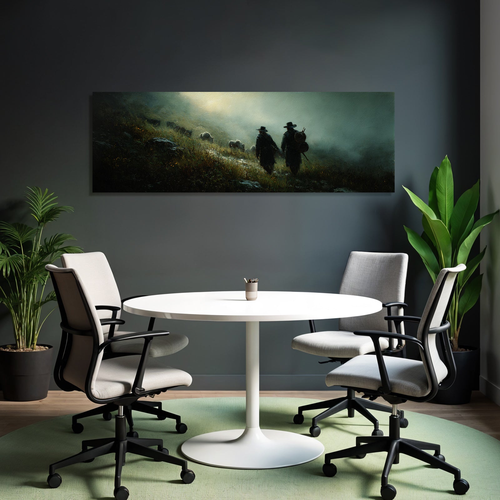 Mistige Landschaft Mit Figuren Und Schafen