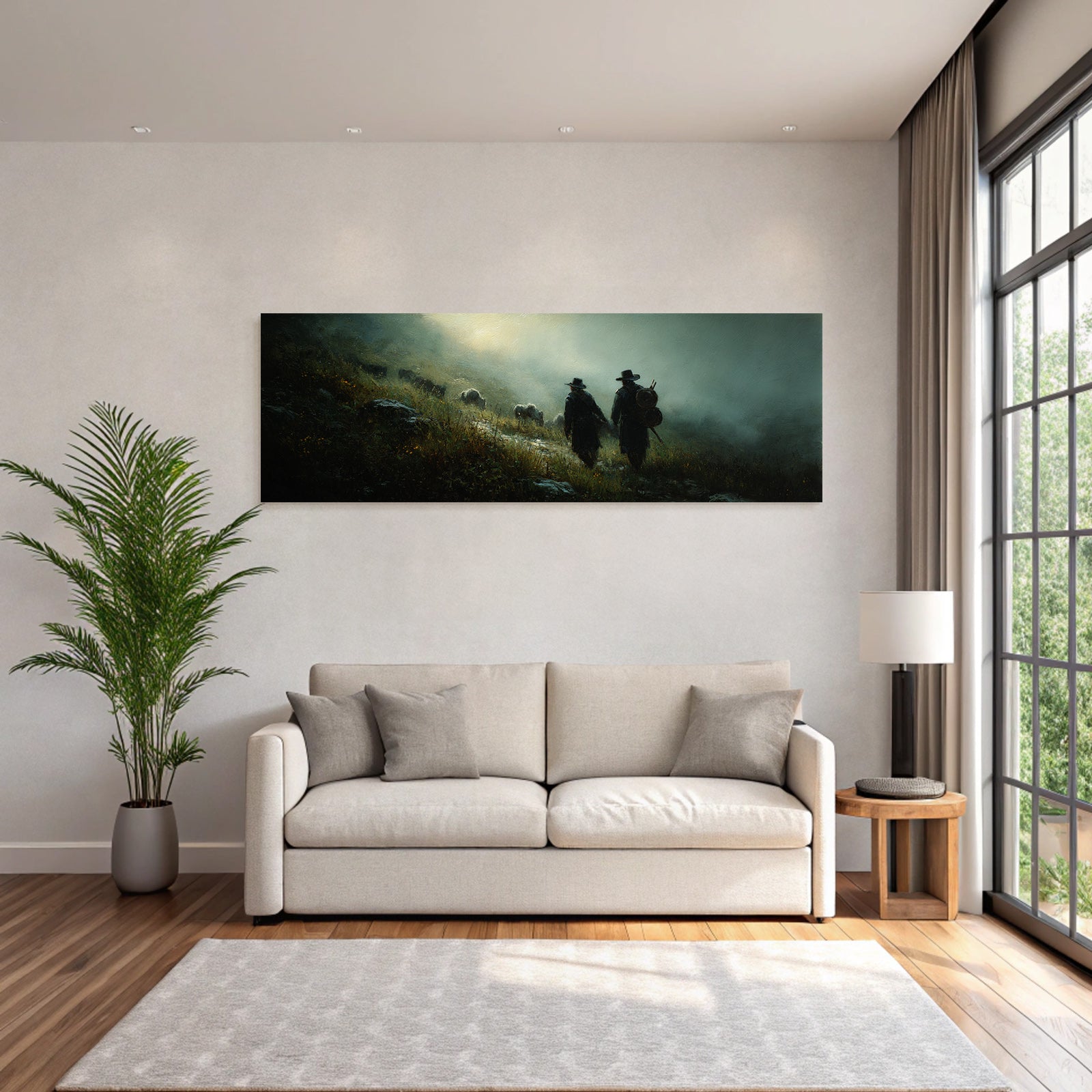 Mistige Landschaft Mit Figuren Und Schafen