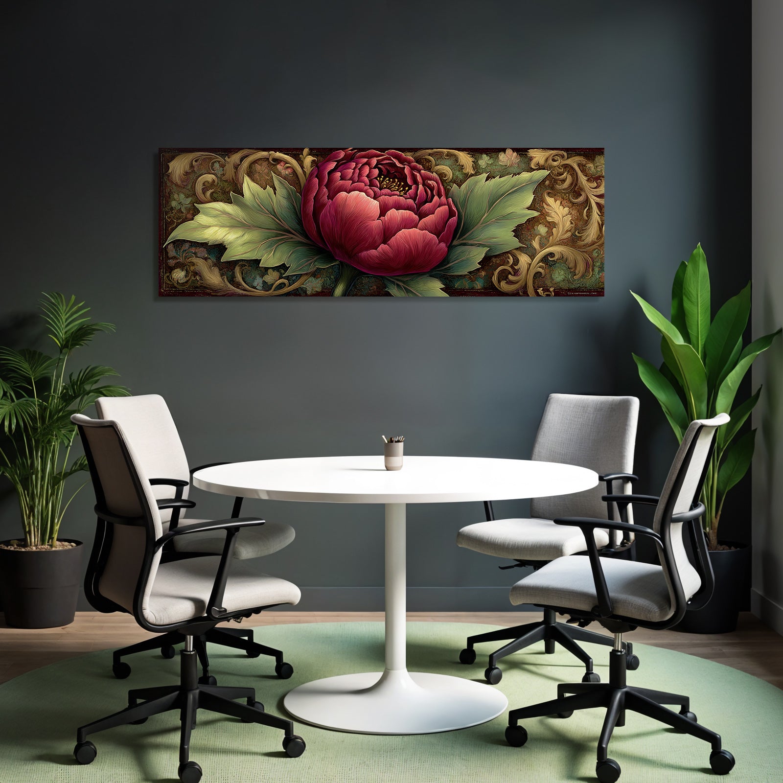 Peonie Roter Bluetenblatt Mit Gruenen Blaettern Kunstwerk Vintage Stil