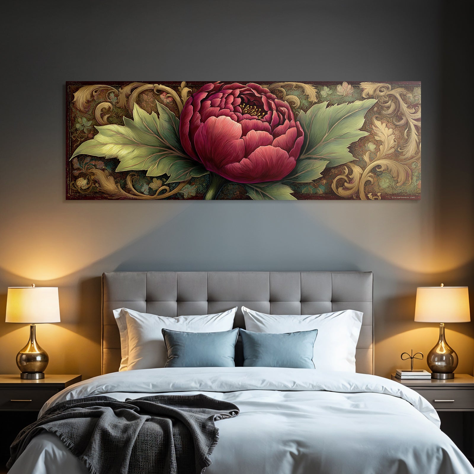 Peonie Roter Bluetenblatt Mit Gruenen Blaettern Kunstwerk Vintage Stil