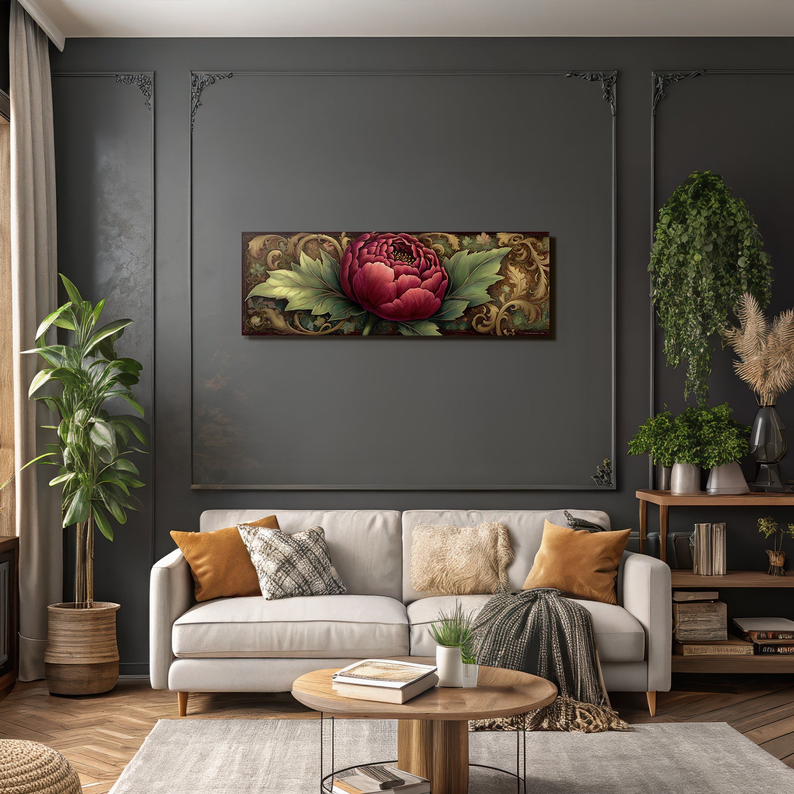 Peonie Roter Bluetenblatt Mit Gruenen Blaettern Kunstwerk Vintage Stil