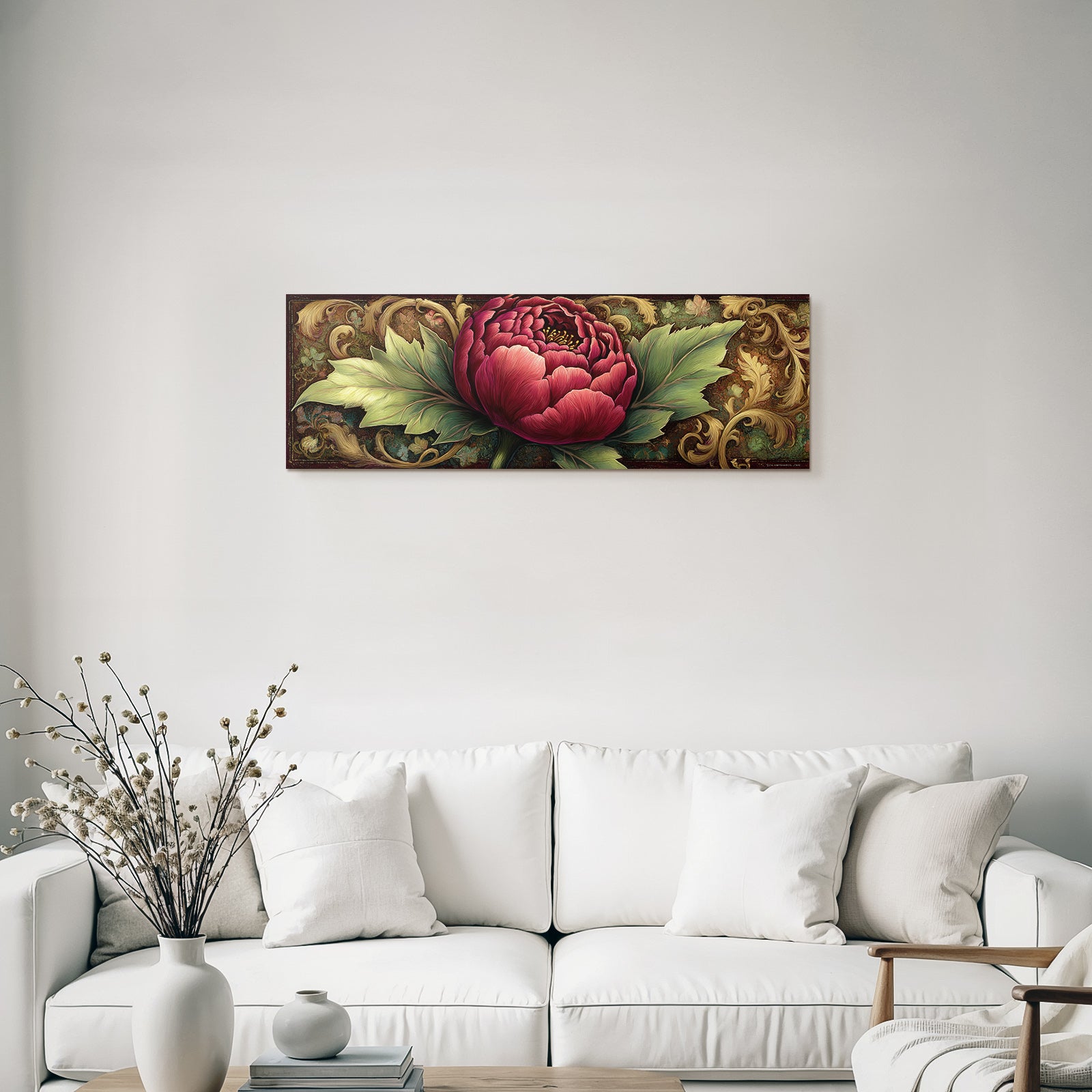 Peonie Roter Bluetenblatt Mit Gruenen Blaettern Kunstwerk Vintage Stil