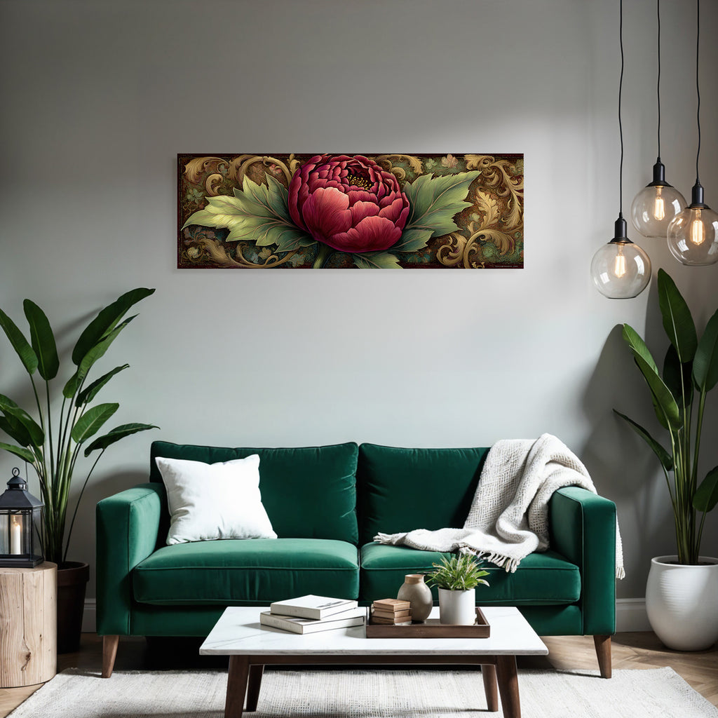 Peonie Roter Bluetenblatt Mit Gruenen Blaettern Kunstwerk Vintage Stil