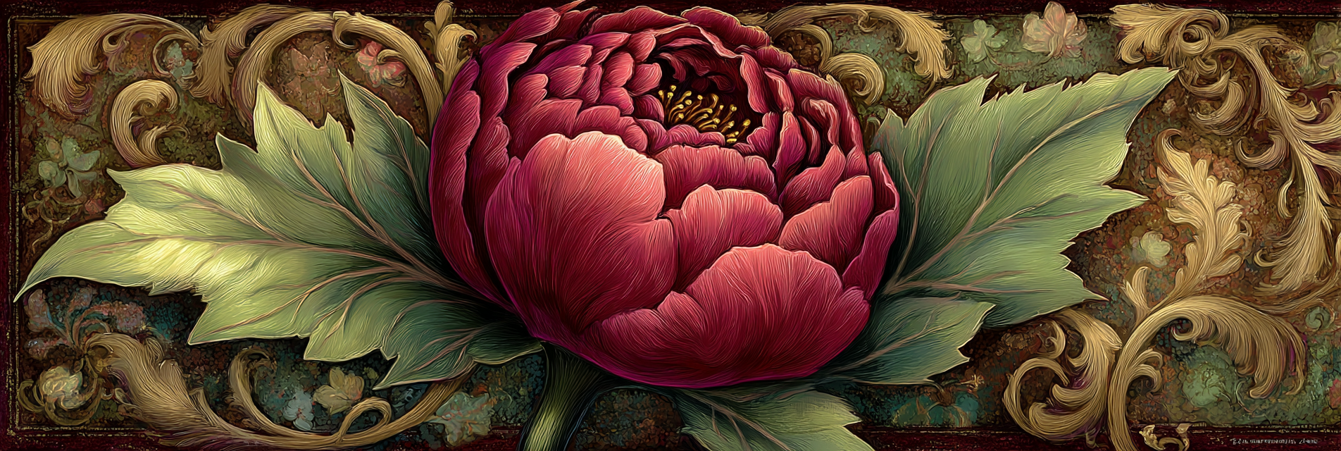 Peonie Roter Bluetenblatt Mit Gruenen Blaettern Kunstwerk Vintage Stil | Klassisch | Einrichtungsstile
