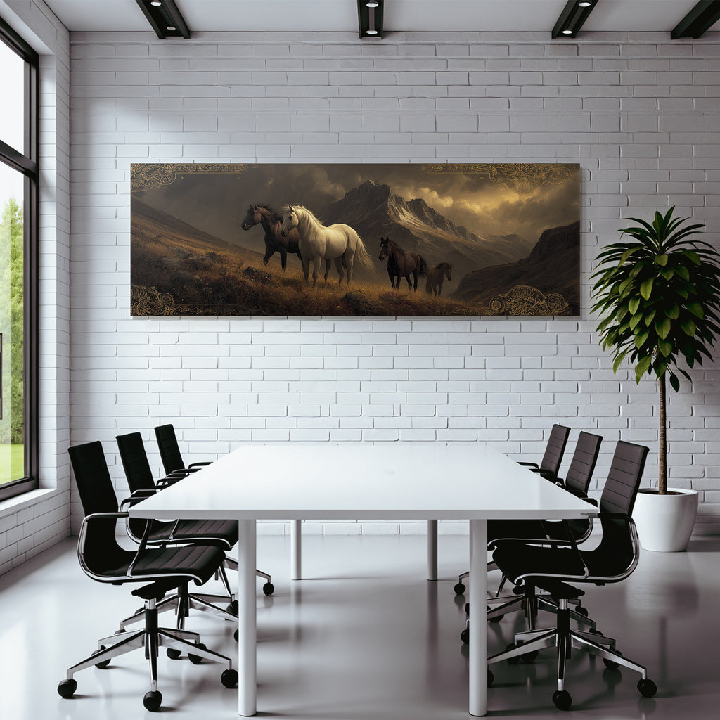 Pferde In Den Bergen Sturmhimmel Kunststil