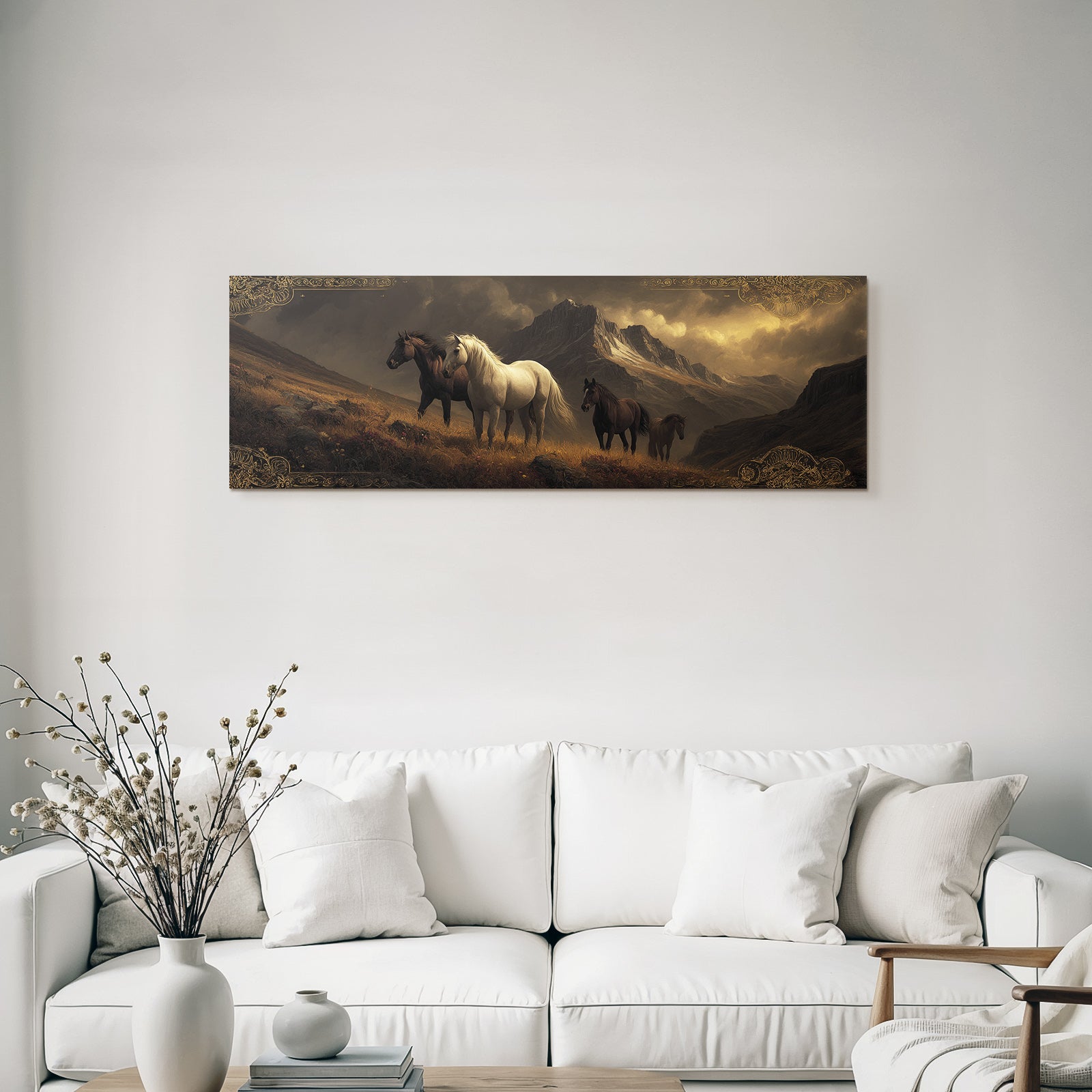 Pferde In Den Bergen Sturmhimmel Kunststil