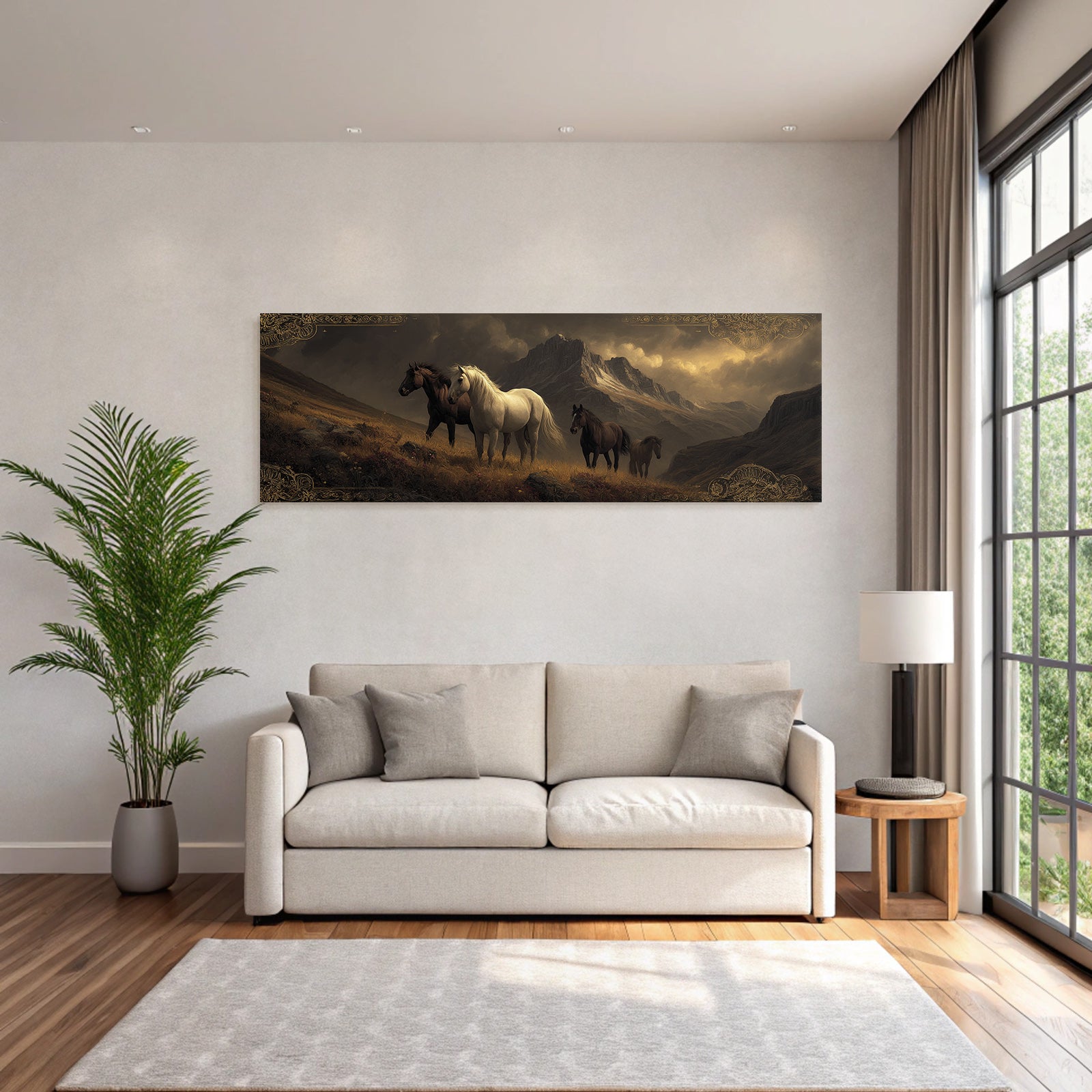 Pferde In Den Bergen Sturmhimmel Kunststil