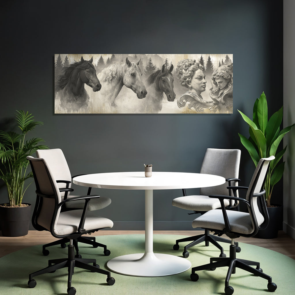 Pferdekoepfe Und Skulpturen Mit Baeumen Monochromatisch Kunstwerk