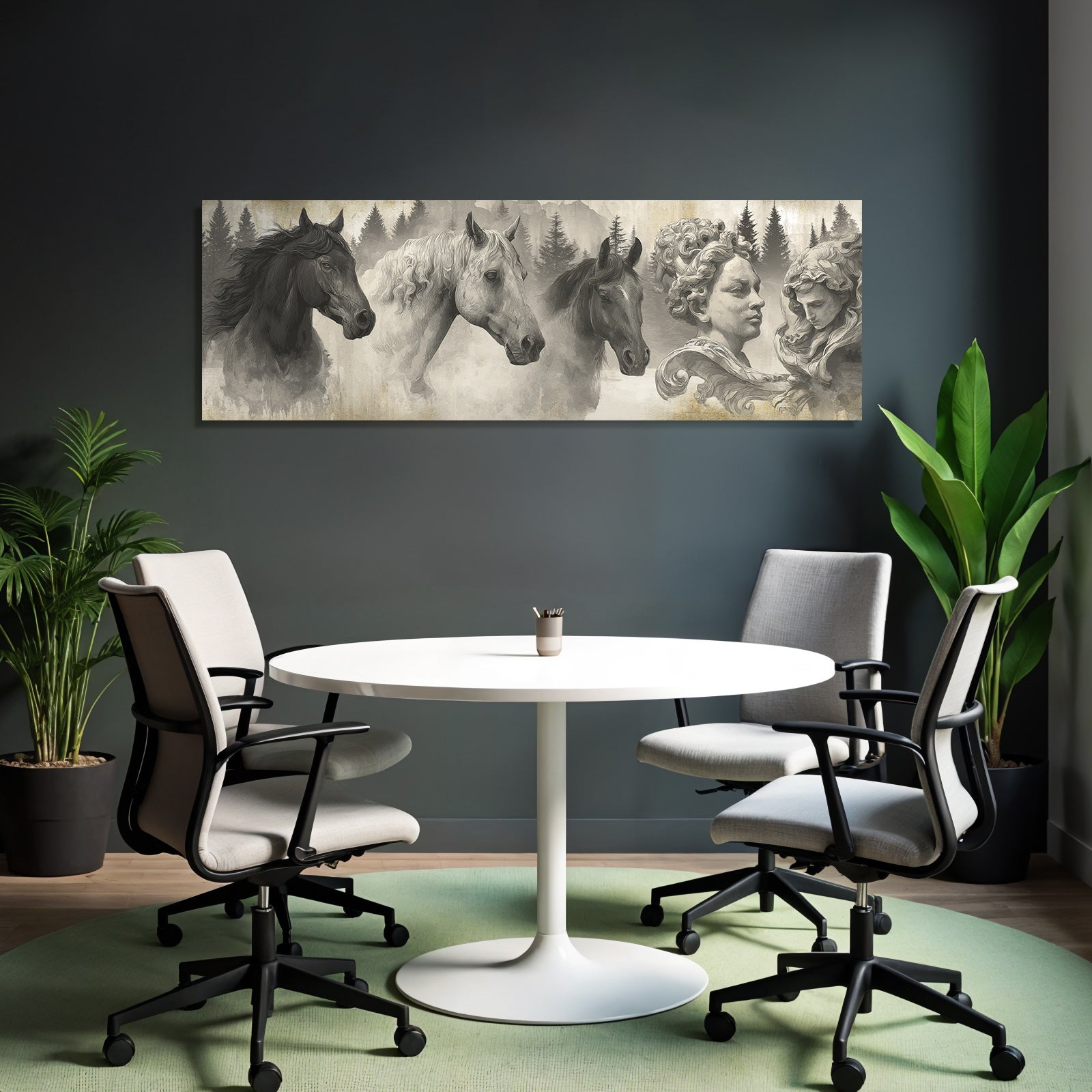 Pferdekoepfe Und Skulpturen Mit Baeumen Monochromatisch Kunstwerk