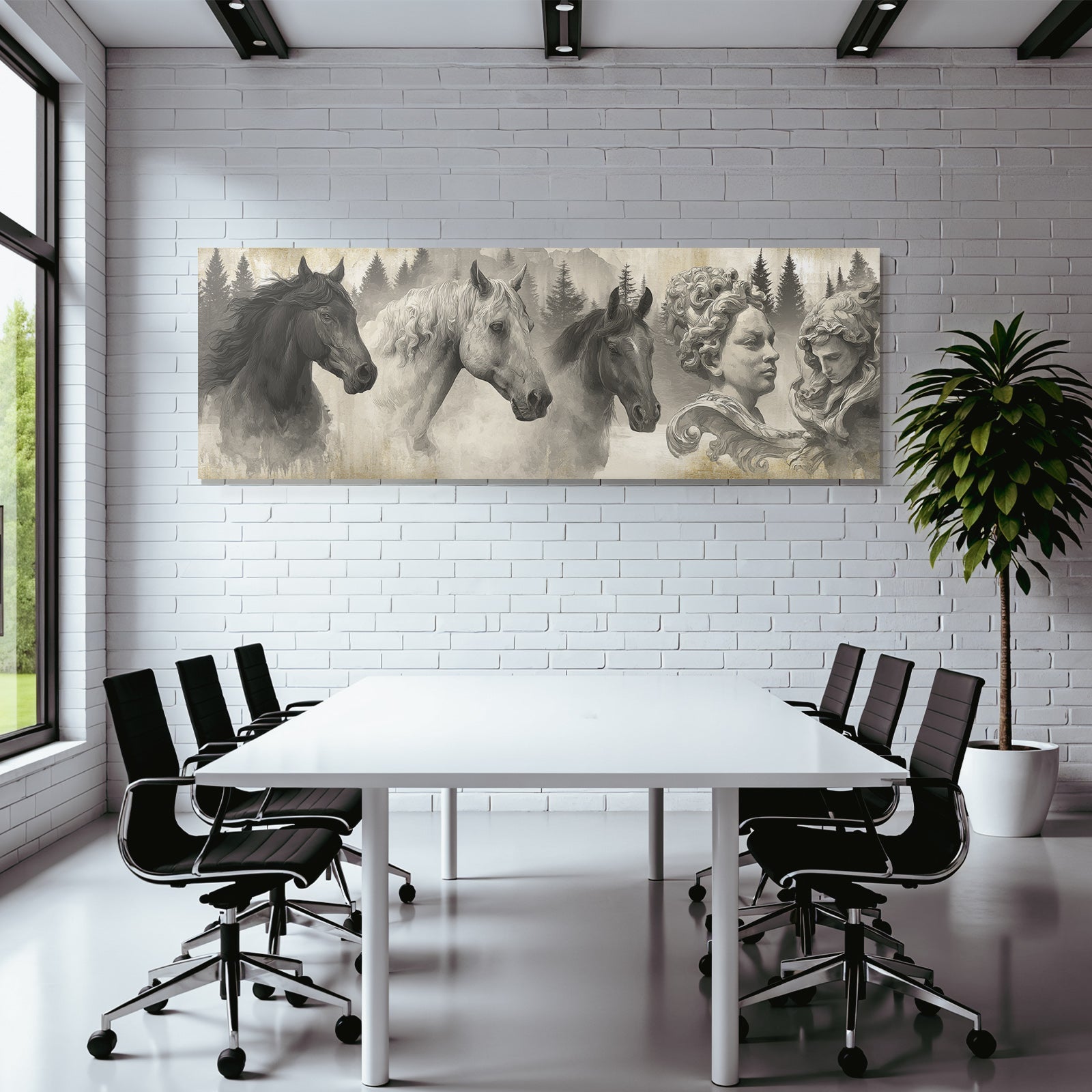 Pferdekoepfe Und Skulpturen Mit Baeumen Monochromatisch Kunstwerk