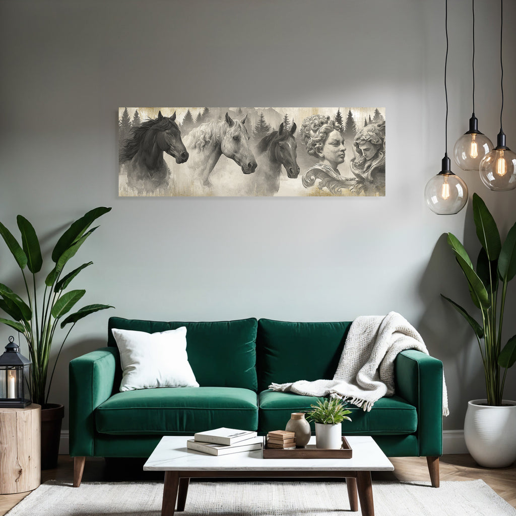 Pferdekoepfe Und Skulpturen Mit Baeumen Monochromatisch Kunstwerk