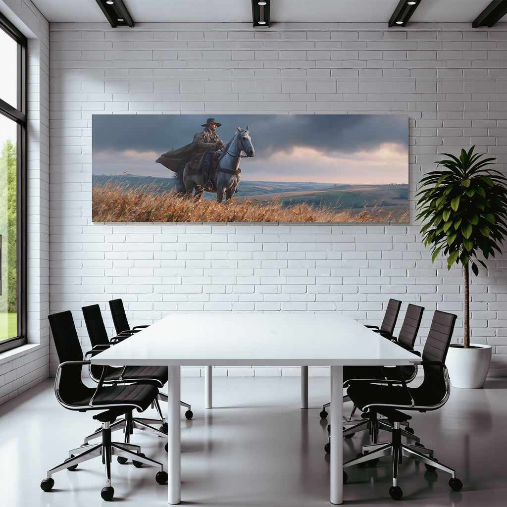 Reitender Auf Einem Pferd In Der Natur Mit Huegeln Und Wolken