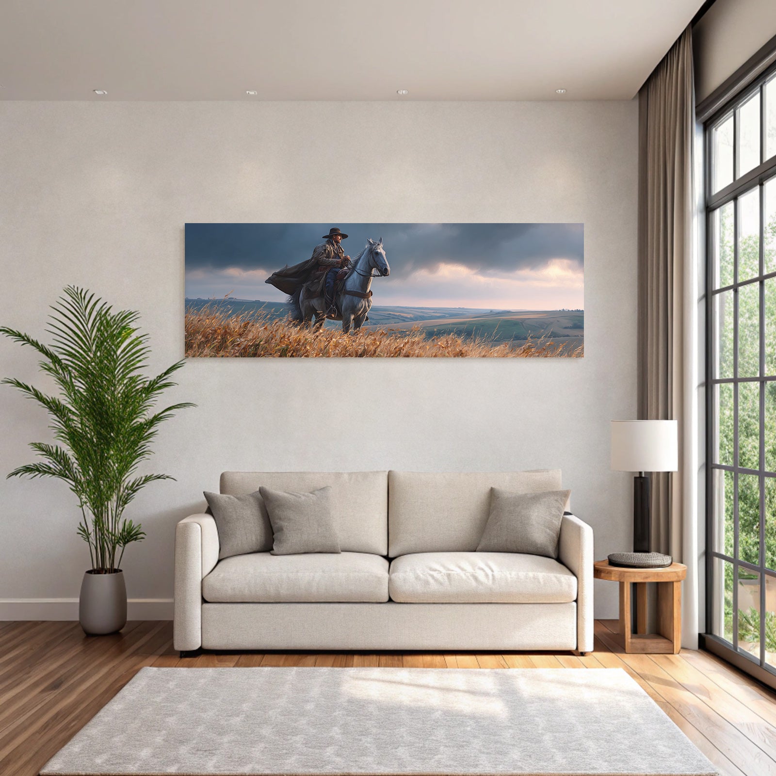 Reitender Auf Einem Pferd In Der Natur Mit Huegeln Und Wolken