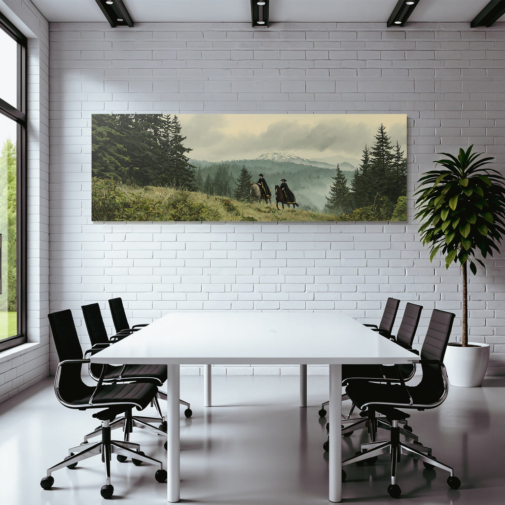Reiter In Der Natur Im Mistigen Wald Mit Bergen Hintergrund