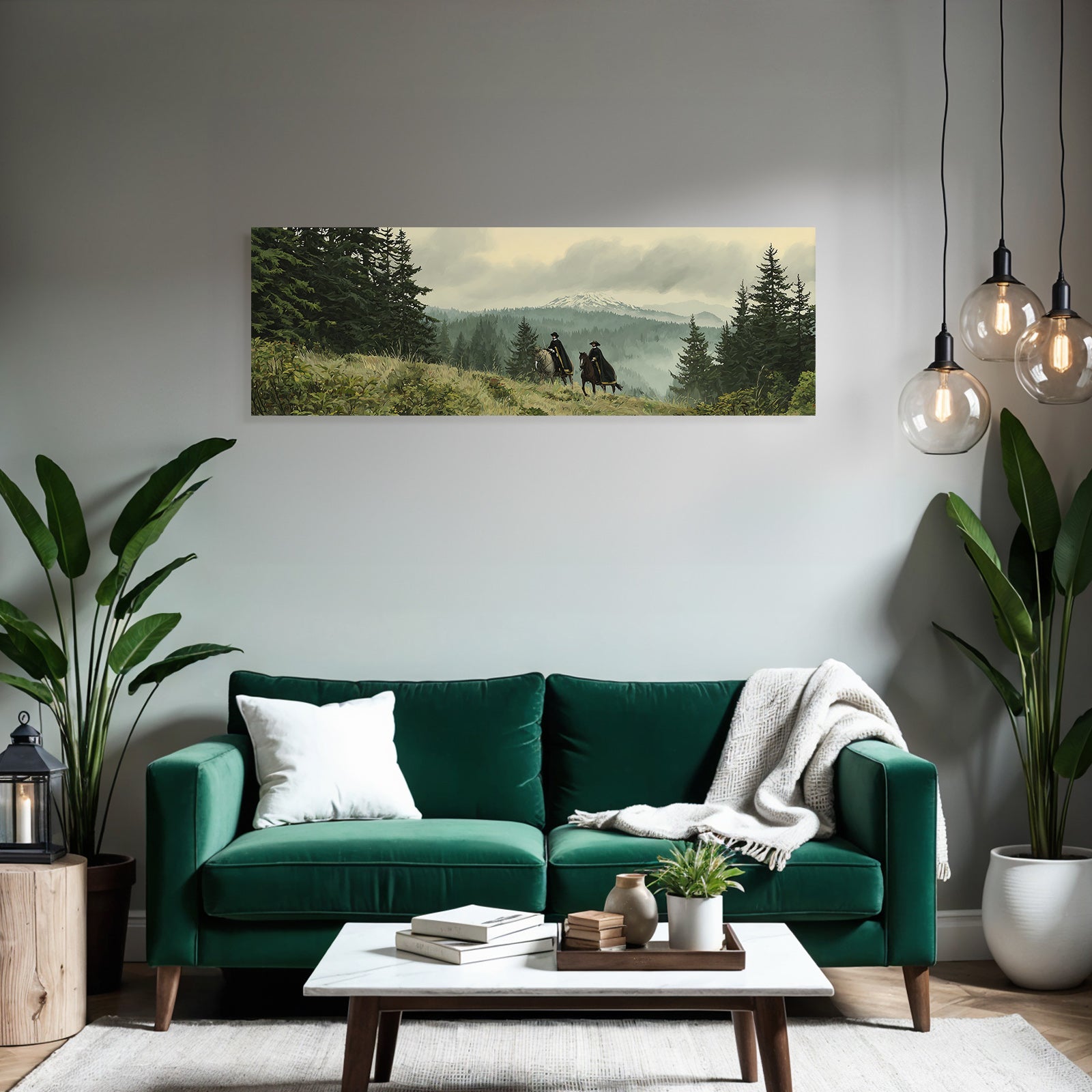 Reiter In Der Natur Im Mistigen Wald Mit Bergen Hintergrund
