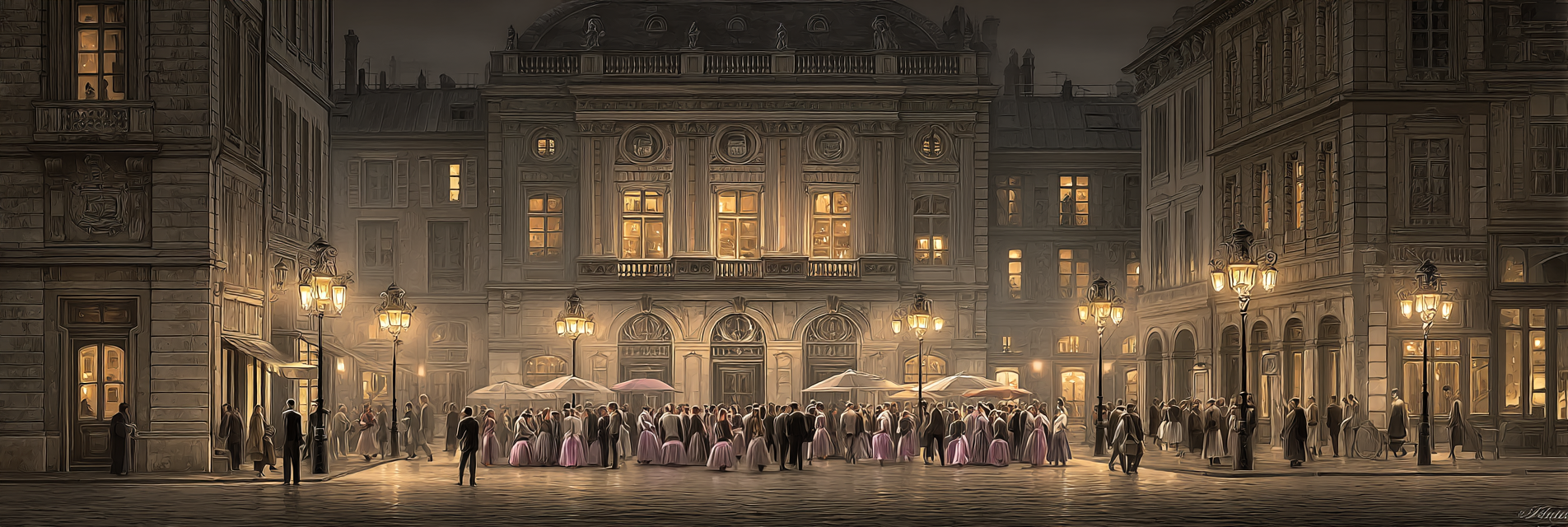 Romantische Historische Szene Altstadt Abend Sammeln Von Eleganten Personen | Klassisch | Einrichtungsstile