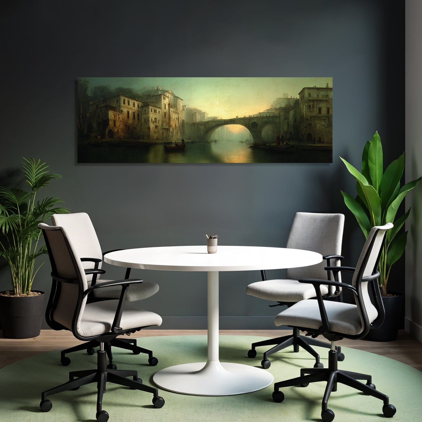 Ruhige Atmosphaerische Landschaft Mit Fluss Und Gebauede Sunset