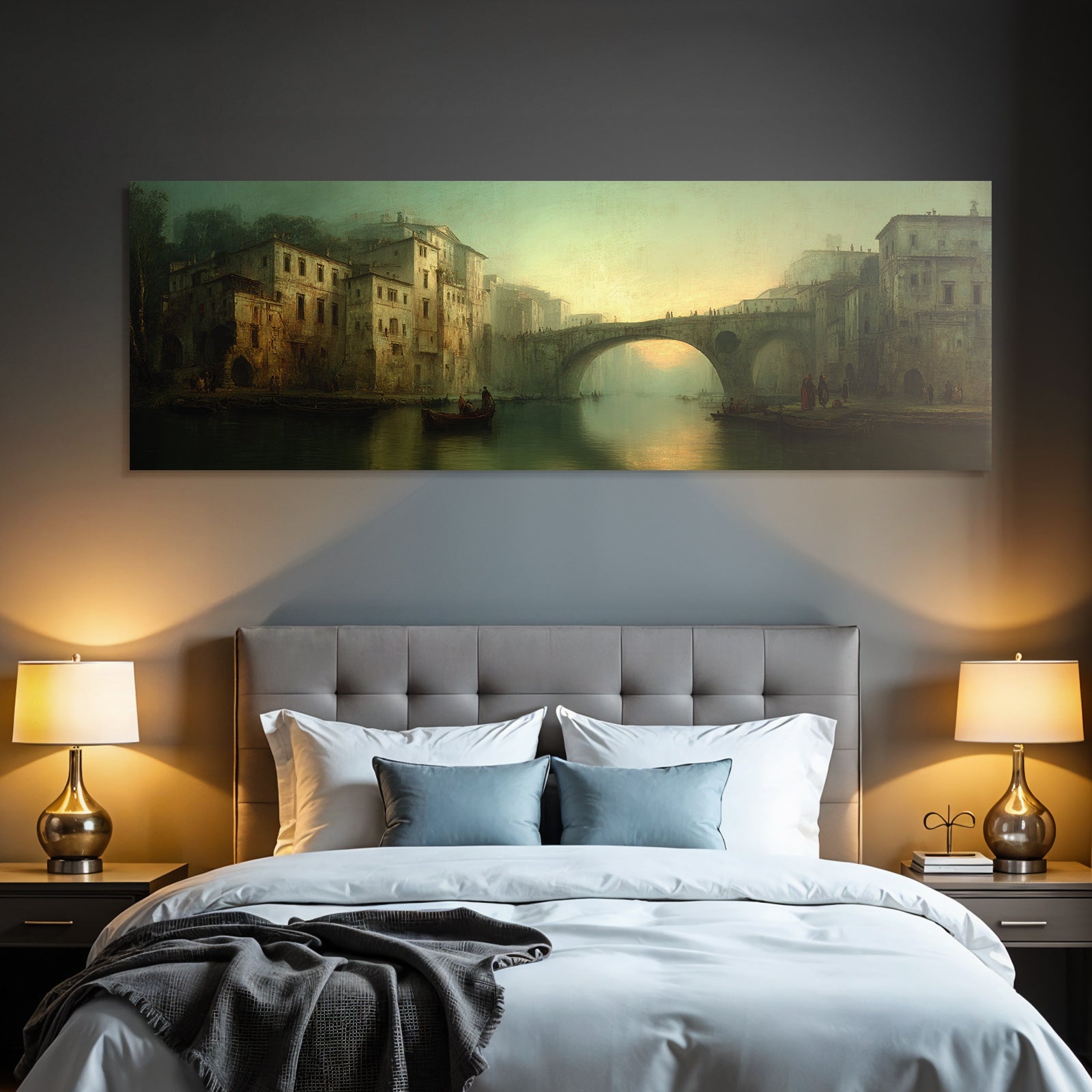 Ruhige Atmosphaerische Landschaft Mit Fluss Und Gebauede Sunset