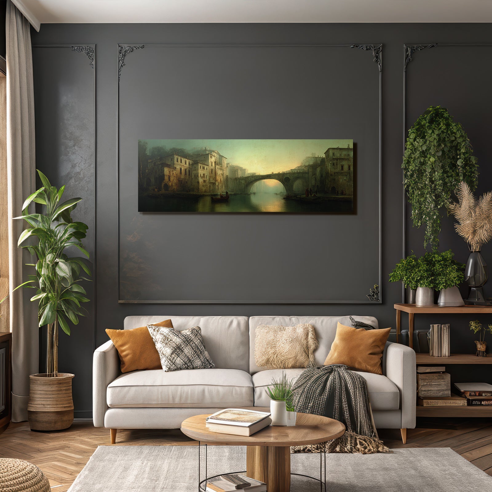 Ruhige Atmosphaerische Landschaft Mit Fluss Und Gebauede Sunset
