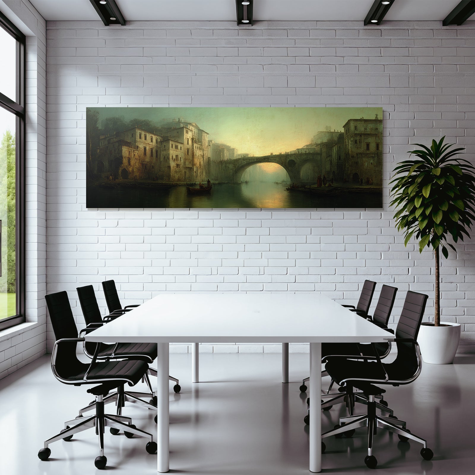 Ruhige Atmosphaerische Landschaft Mit Fluss Und Gebauede Sunset