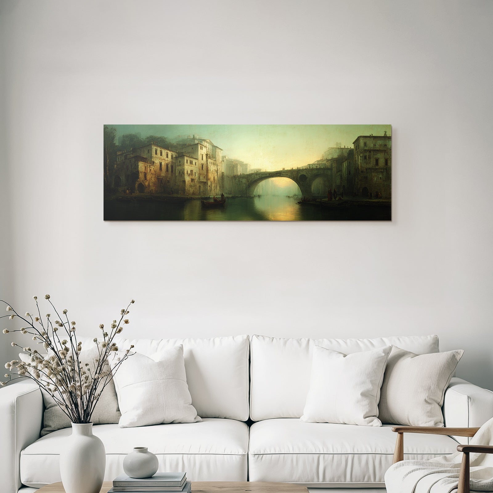 Ruhige Atmosphaerische Landschaft Mit Fluss Und Gebauede Sunset