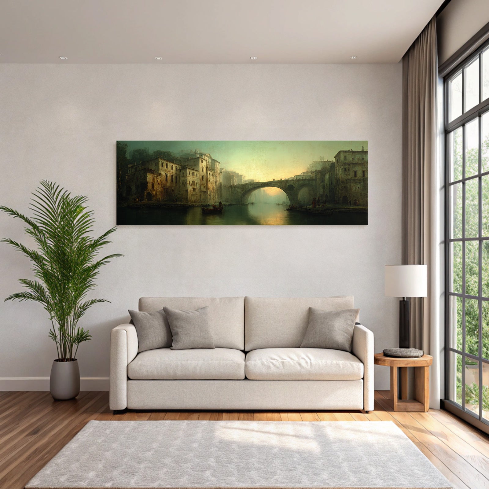 Ruhige Atmosphaerische Landschaft Mit Fluss Und Gebauede Sunset