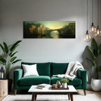 Ruhige Atmosphaerische Landschaft Mit Fluss Und Gebauede Sunset