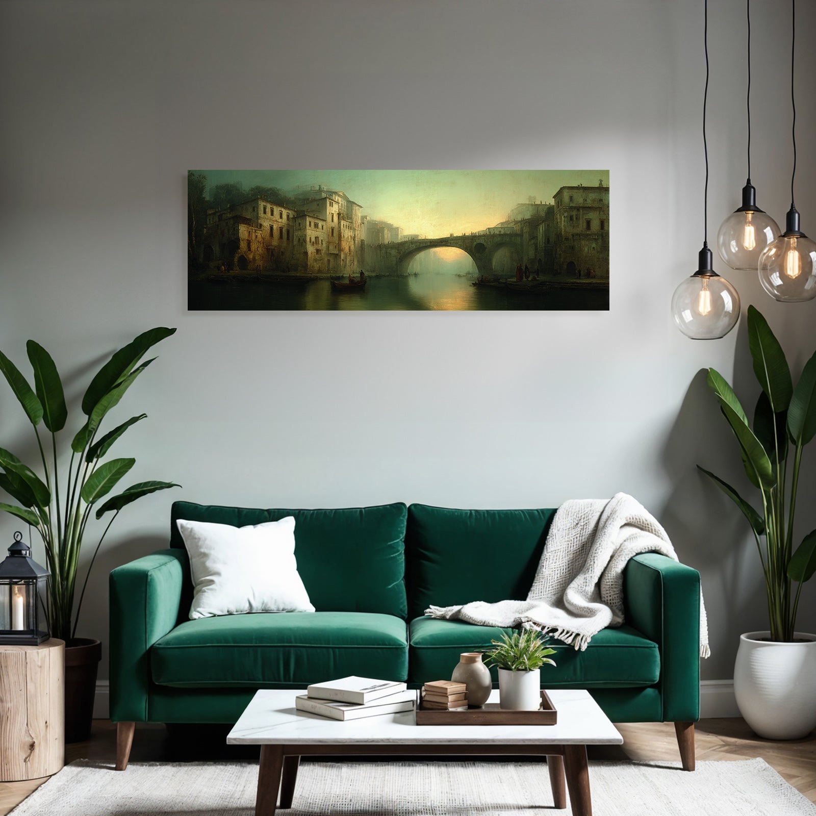 Ruhige Atmosphaerische Landschaft Mit Fluss Und Gebauede Sunset